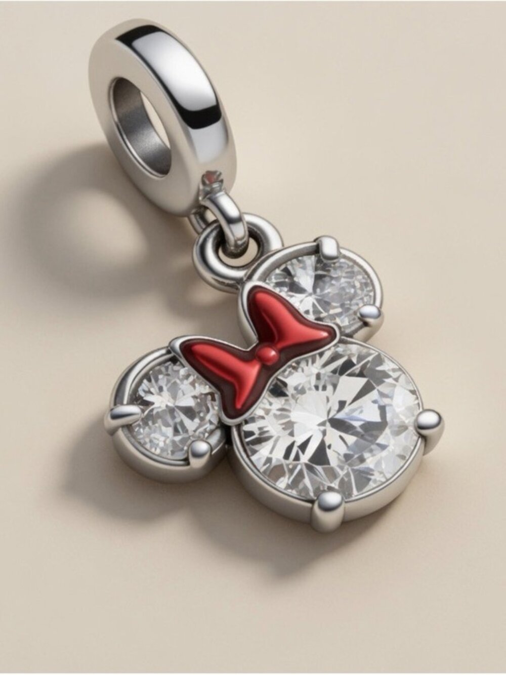 Sterling Silver Charm Pendant with Red Bow and Clear Crystals
